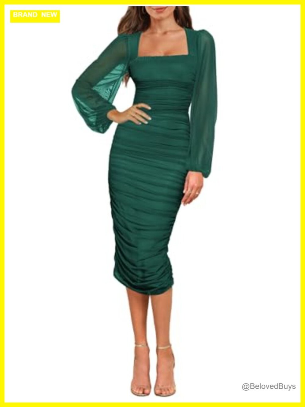 Aisbei Women's Ruched Bodycon Midi Dress Long Puff Sleeve Square Neck Mesh
